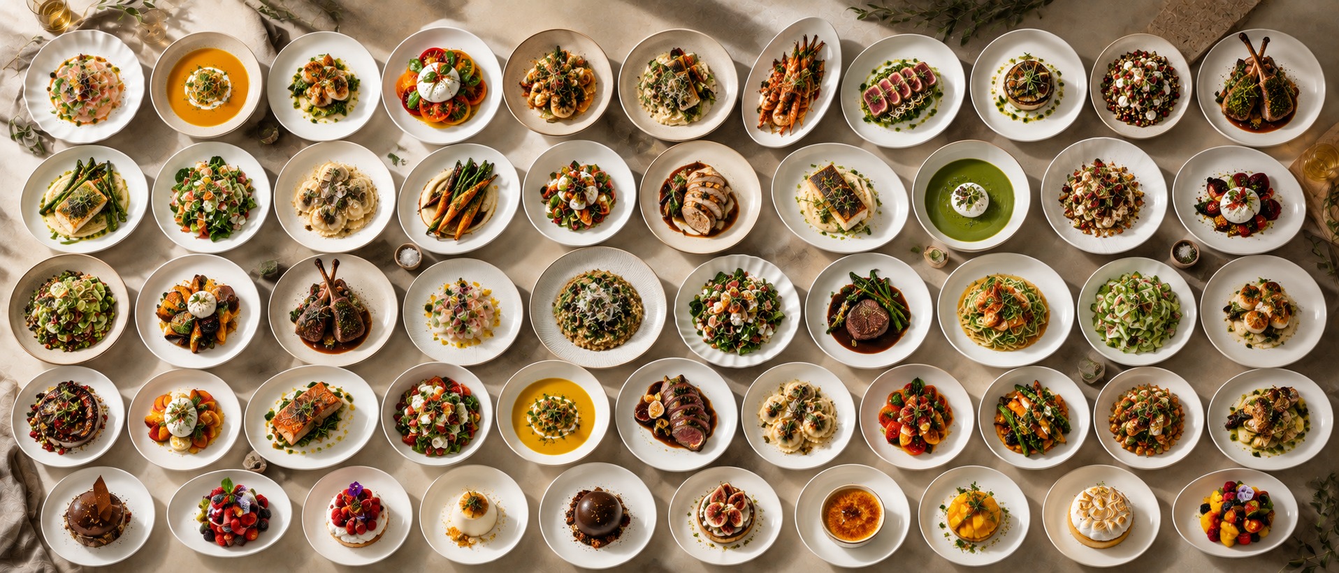 A generous overhead spread of many beautifully plated dishes on a marble table
